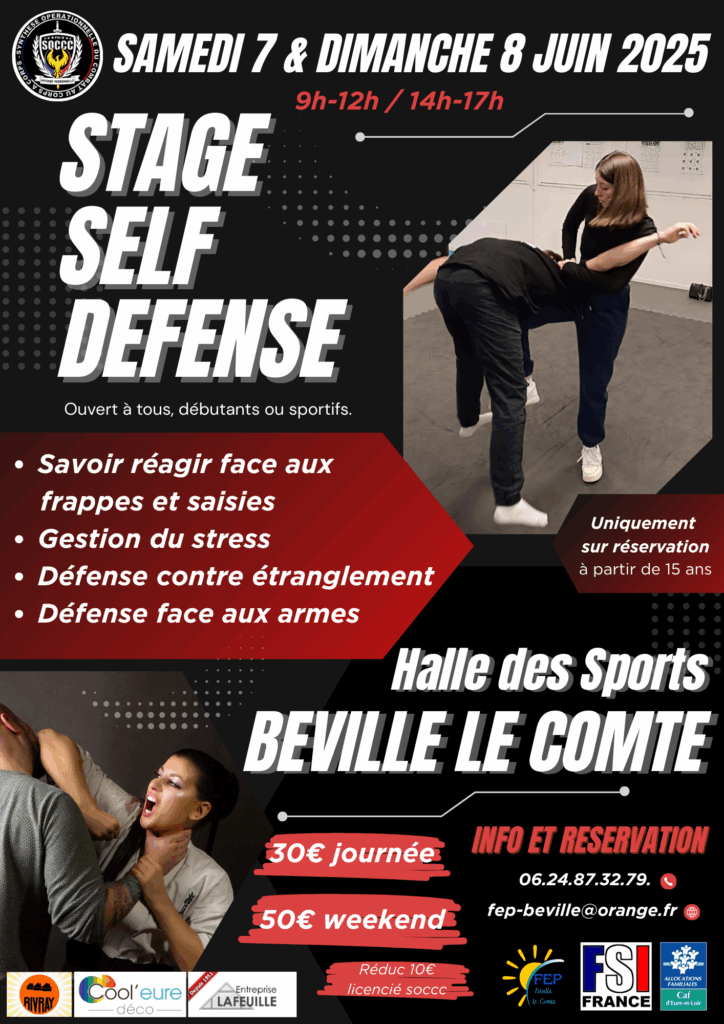 Samedi 7 juin et dimanche 8 juin 2025, stage de Self Défense à la Halle des Sports de Béville le Comte.
Apprenez à réagir face aux frappes et saisies, gérer votre stress, vous défendre face aux armes et aux étrangleements.